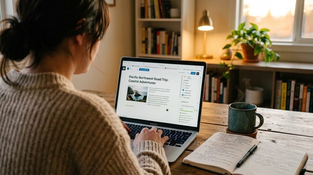 Writing first WordPress blog post on laptop - editor open with categories, SEO panel visible