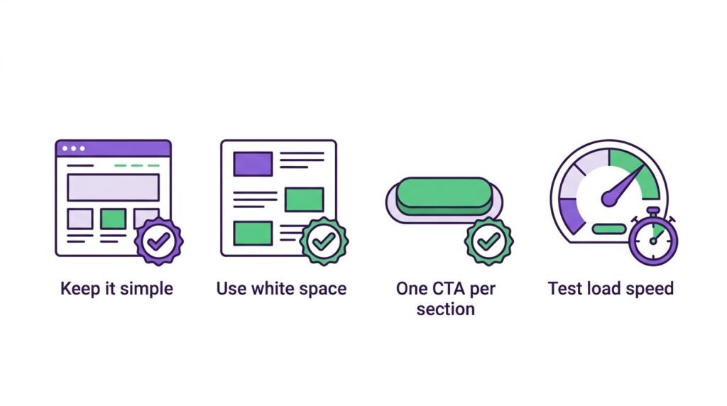Kadence homepage pro tips - simple layout, white space, single CTA per section, fast load speed