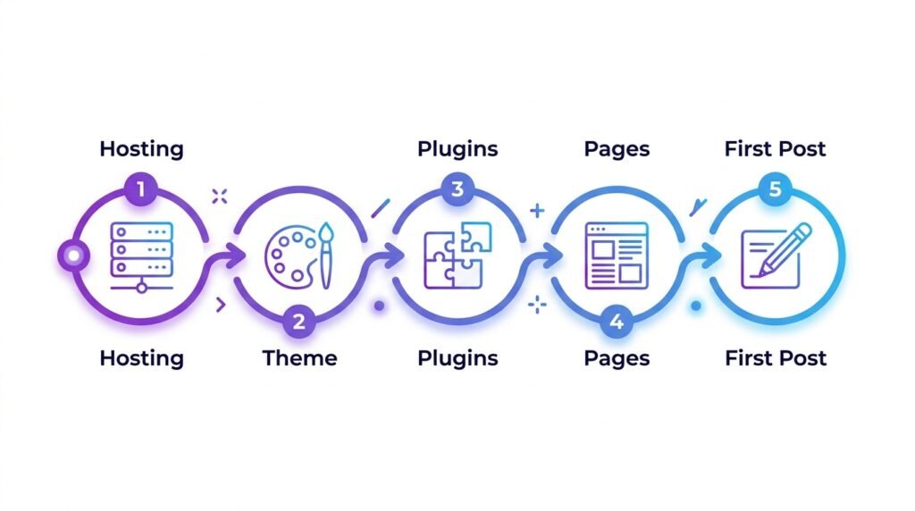 5-step roadmap to build a WordPress site - hosting, theme, plugins, pages, first post
