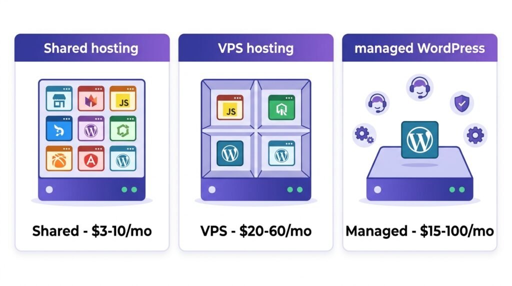 Shared vs VPS vs managed WordPress hosting compared - visual representation of server resources