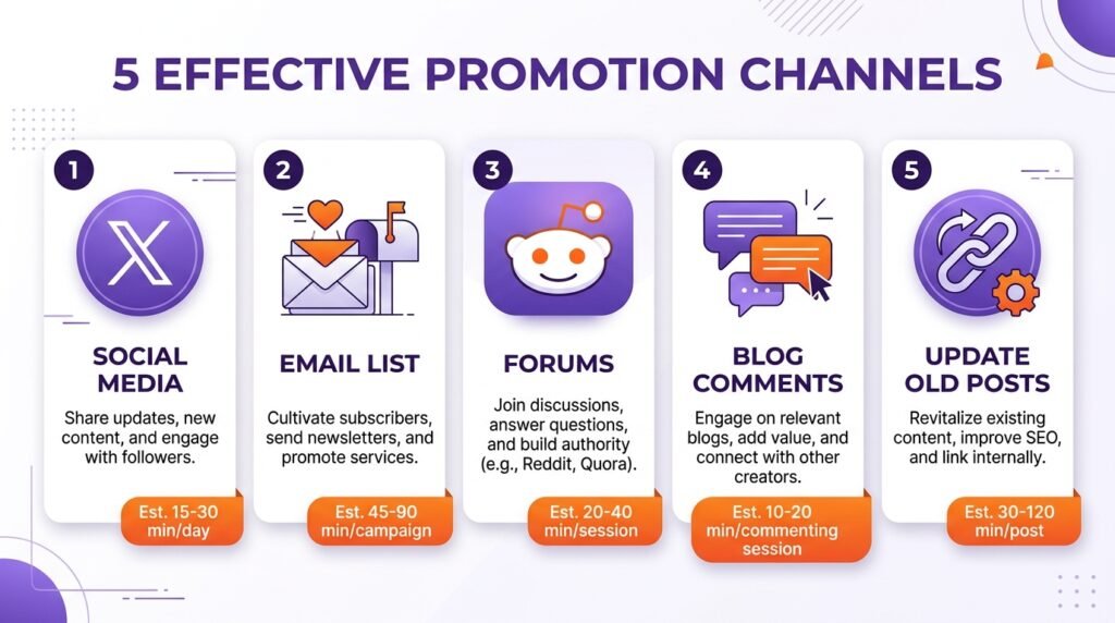 Blog post promotion channels - social media, email list, Reddit, blog comments, internal links