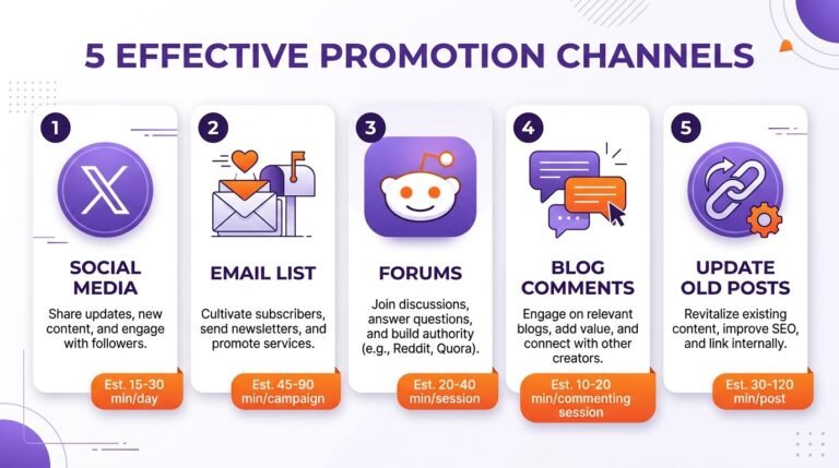 Blog post promotion channels - social media, email list, Reddit, blog comments, internal links