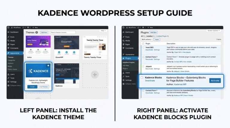 Installing Kadence Theme and Kadence Blocks plugin in WordPress - Appearance and Plugins menus