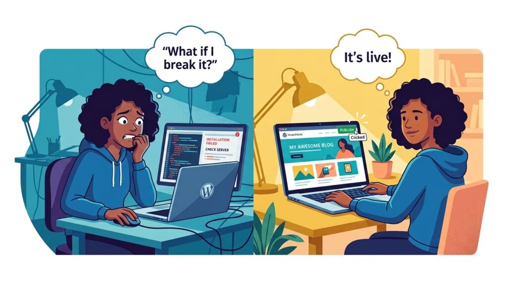 Split-screen - nervous beginner staring at laptop vs confident WordPress dashboard with first published post