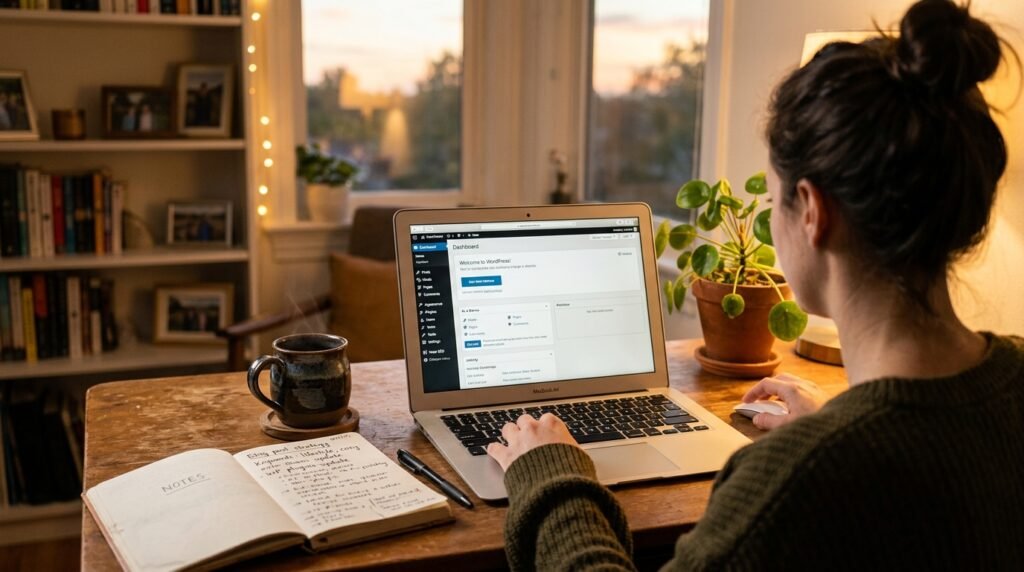 Beginner building WordPress site from scratch on laptop - realistic workspace with coffee and notebook