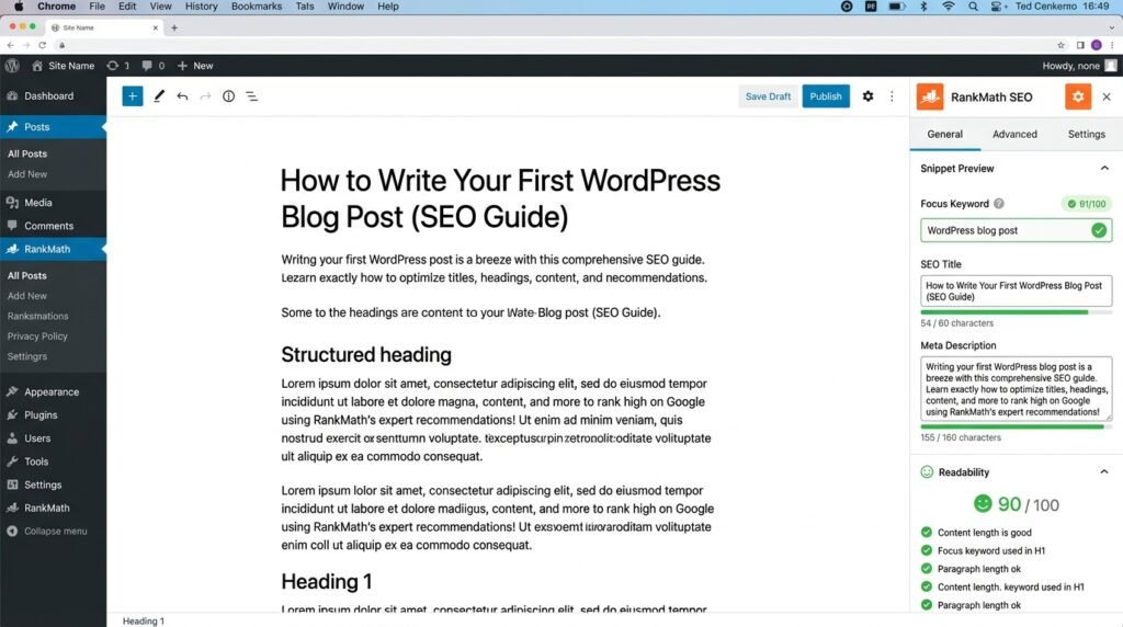 RankMath SEO panel in WordPress editor - focus keyword, SEO title, meta description, readability score