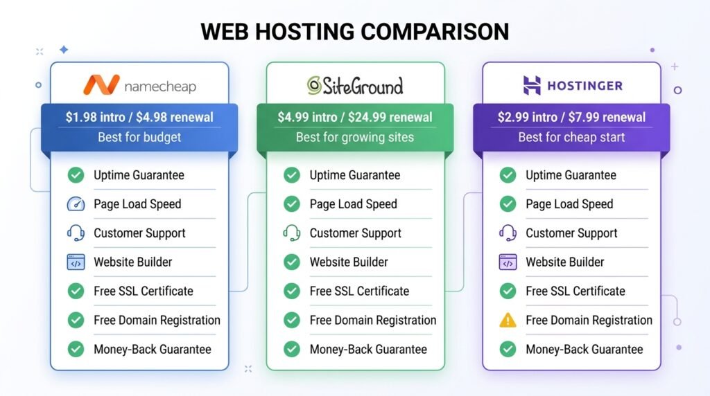 Namecheap vs SiteGround vs Hostinger comparison - price, speed, features head-to-head