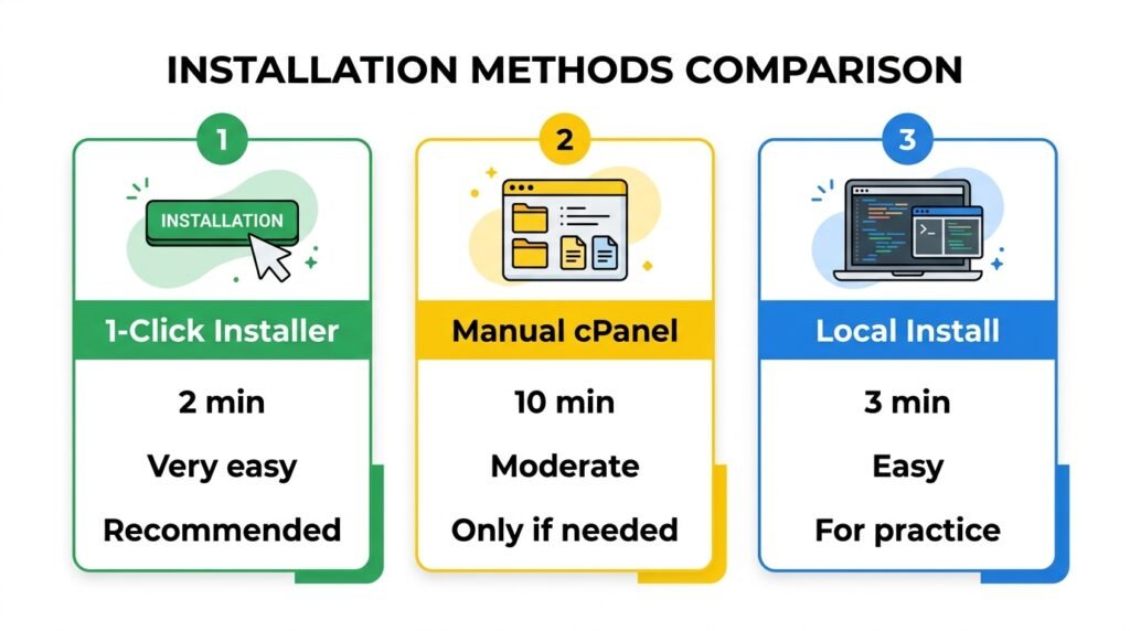 Three ways to install WordPress - one-click, manual cPanel, local installation compared