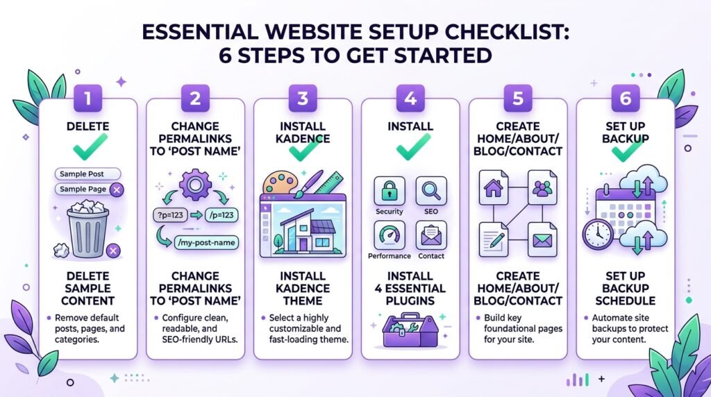 WordPress post-install checklist - permalinks, theme, plugins, first pages