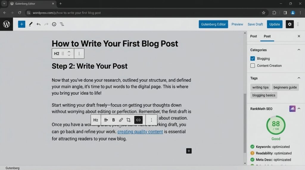 WordPress block editor showing post structure with H2 headings, paragraphs, and internal links