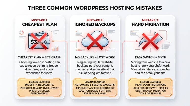 Three common WordPress hosting mistakes - cheapest plan, ignored backups, hard migration
