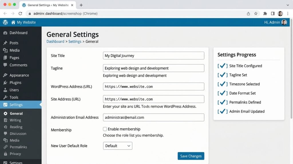 WordPress settings checklist - admin sidebar with General, Writing, Reading, Discussion and Permalinks menus