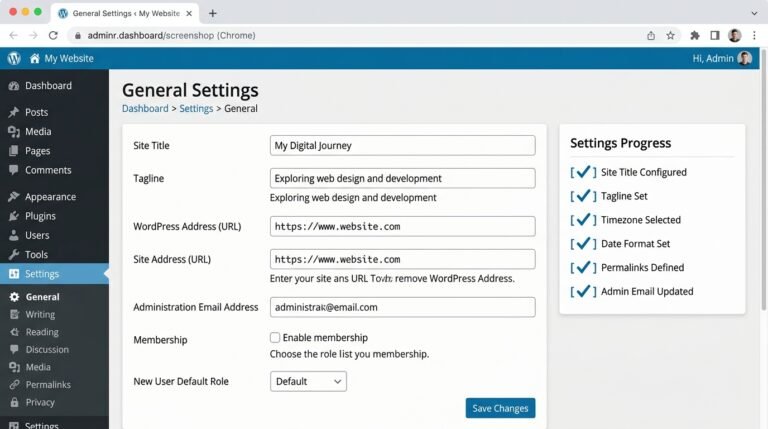 WordPress settings checklist - admin sidebar with General, Writing, Reading, Discussion and Permalinks menus