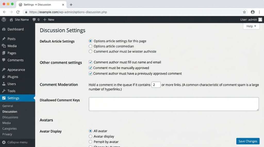 WordPress Discussion Settings - comment moderation, spam filters and avatar configuration