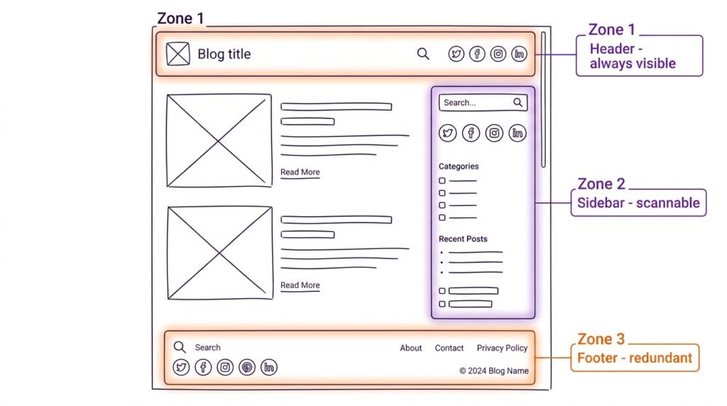 Gutenberg Search and Social Icons blocks placed in header, sidebar, and footer