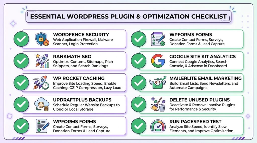 9-point WordPress plugin checklist - security, SEO, caching, backups, forms, analytics