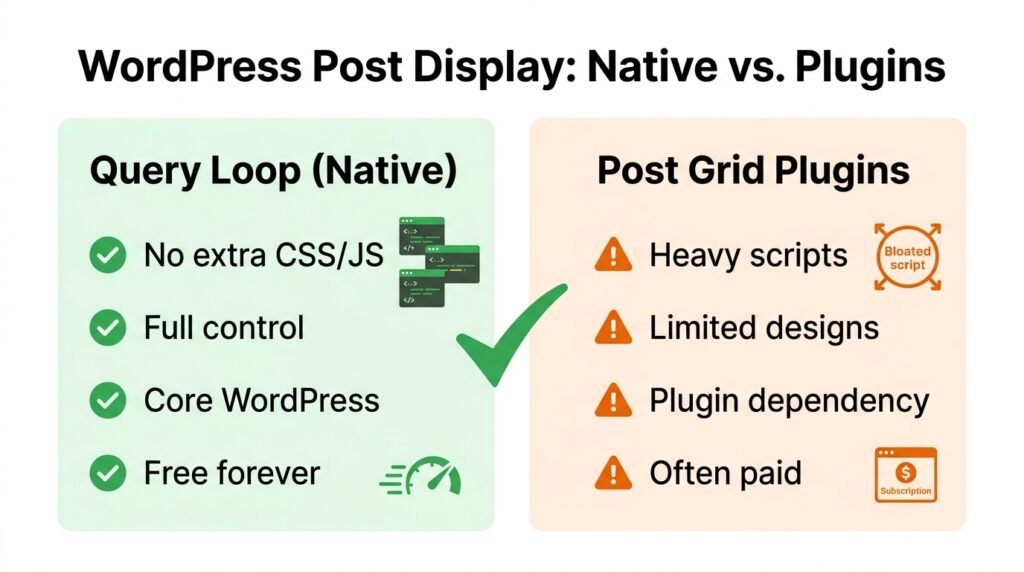 Query Loop native block vs post grid plugins comparison - performance, customization, future-proof