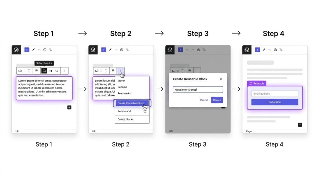 Creating a Reusable Block in WordPress - select, save, name, insert workflow