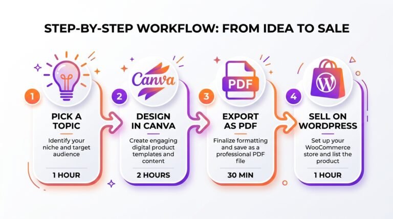 Digital product creation workflow - idea to Canva design to PDF export to WooCommerce sale
