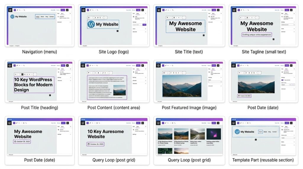 10 Gutenberg theme blocks - Navigation, Site Logo, Site Title, Post Content, Query Loop, Template Part