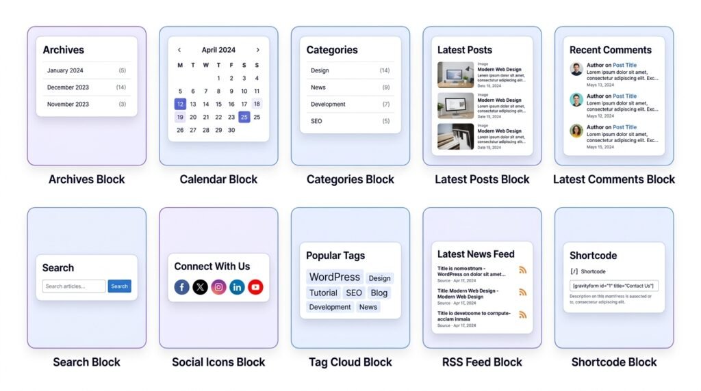 10 Gutenberg widget blocks visualized - Archives, Calendar, Categories, Latest Posts, Search, Social Icons
