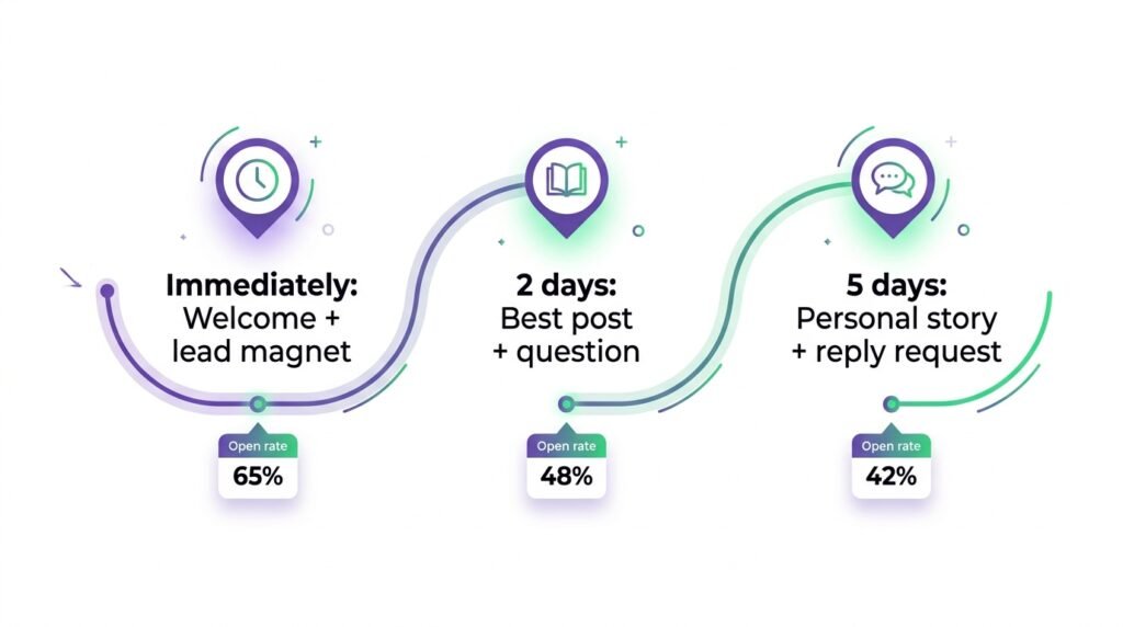 3-email welcome sequence timeline - immediate welcome, 2-day value, 5-day story