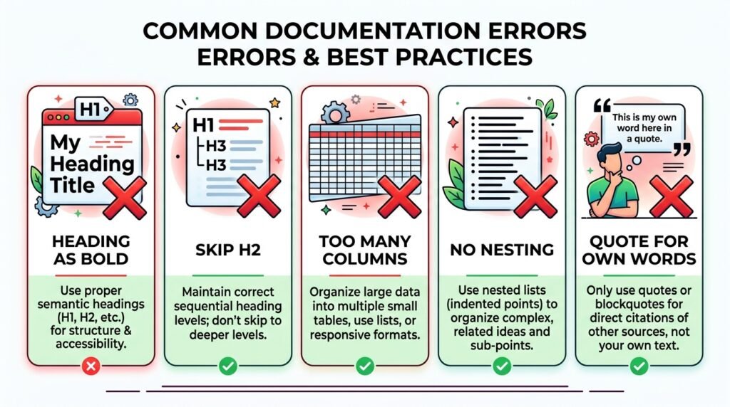 5 common Gutenberg text block mistakes - heading misuse, skipped levels, wide tables