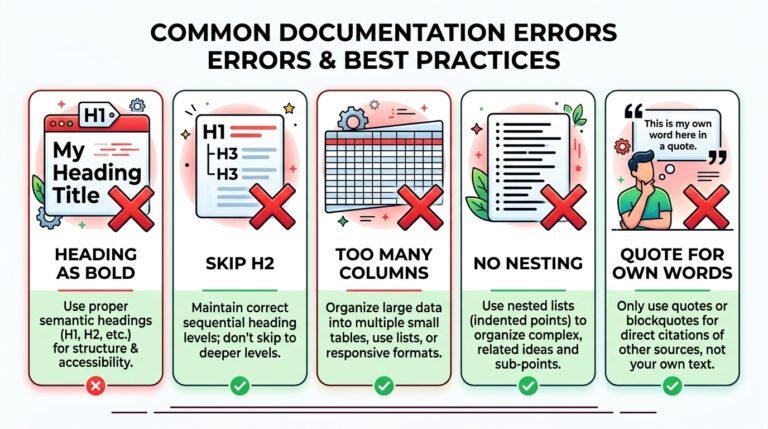 5 common Gutenberg text block mistakes - heading misuse, skipped levels, wide tables