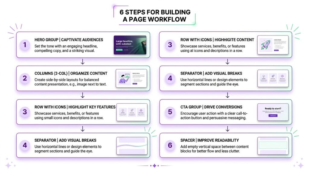 Gutenberg page layout workflow - Group, Columns, Row, Separator, CTA Group steps