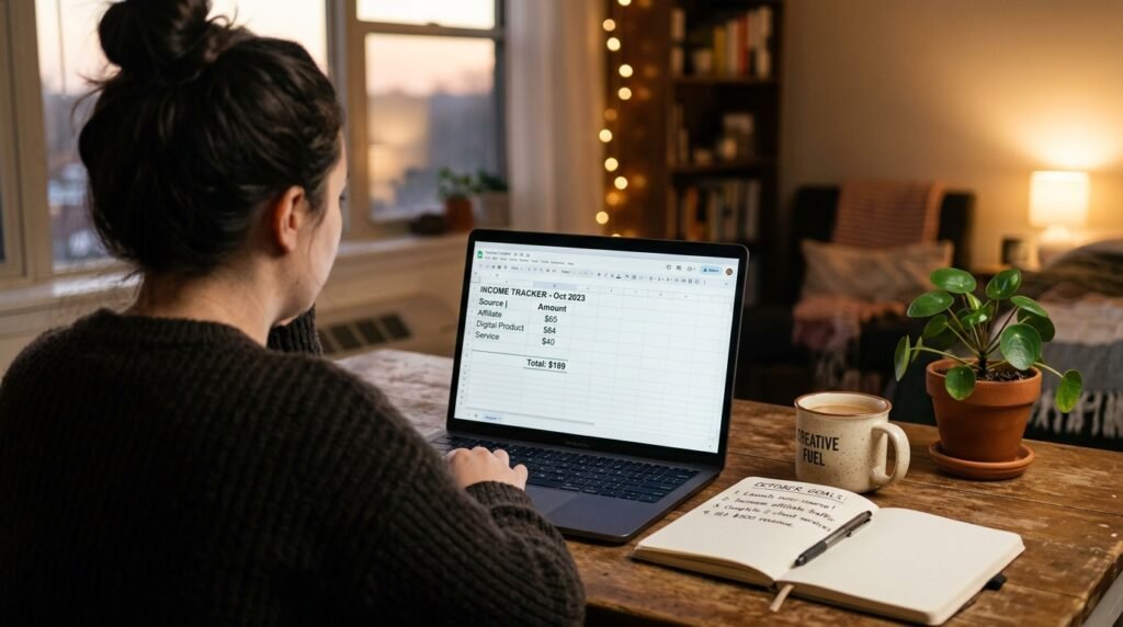 WordPress blogger income dashboard showing first $189 from affiliate, digital product, and service
