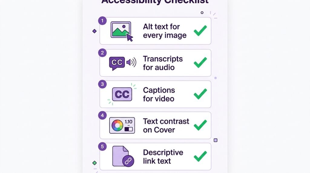 Media accessibility and SEO checklist - alt text, transcripts, captions, contrast