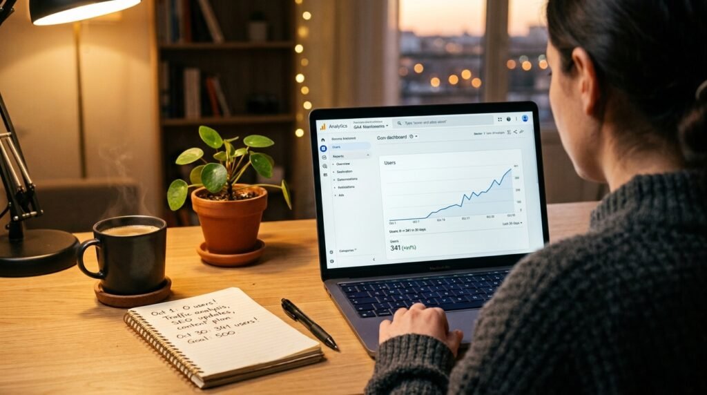 Beginner blogger checking Google Analytics dashboard - first 100 readers milestone visualization