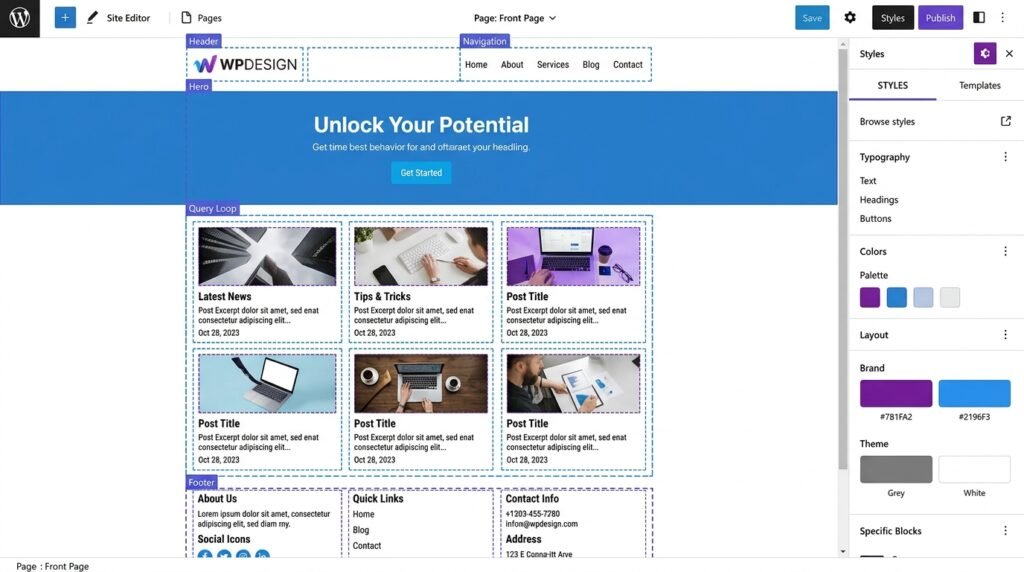 WordPress Full Site Editing interface showing header, content, and footer blocks in the Site Editor