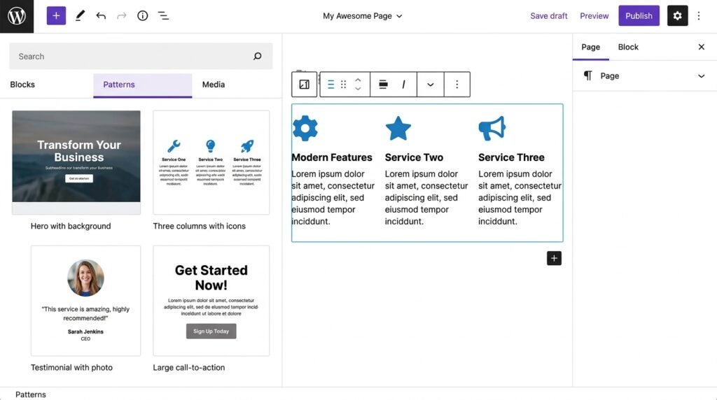 WordPress Block Patterns library showing hero, columns, testimonials and CTA layouts