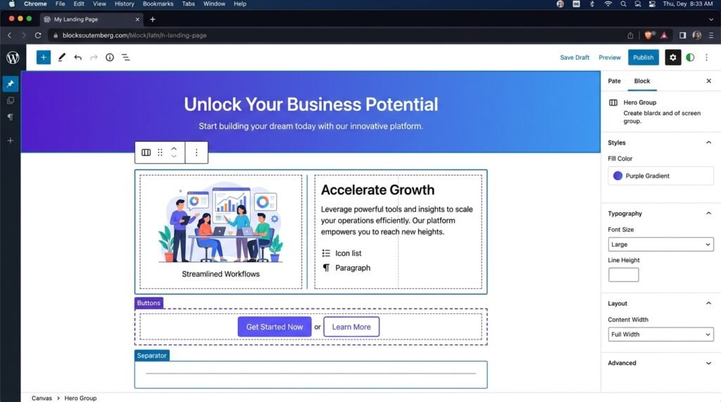Gutenberg design blocks building a landing page - buttons, columns, groups, separators