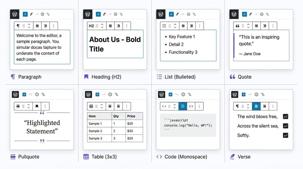 8 Gutenberg text blocks visualized - Paragraph, Heading, List, Quote, Pullquote, Table, Code, Verse