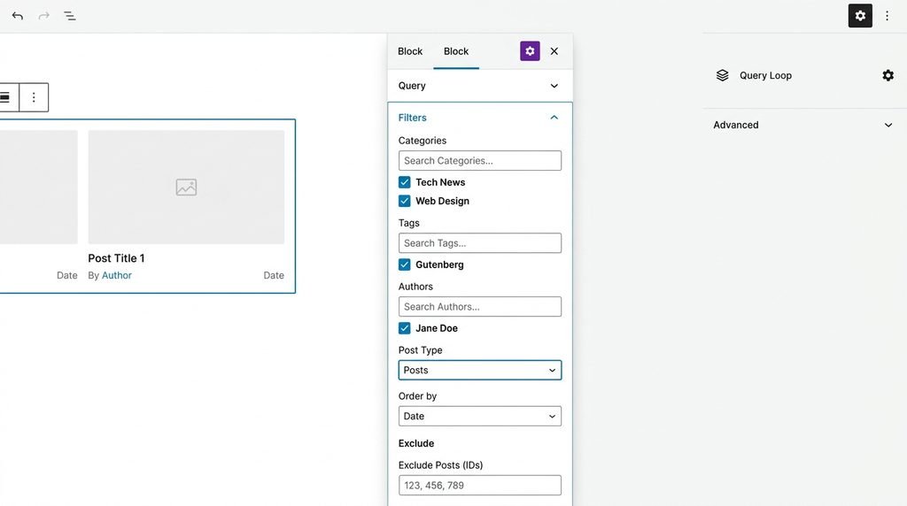 Gutenberg Query Loop filters sidebar - categories, tags, authors, post type options