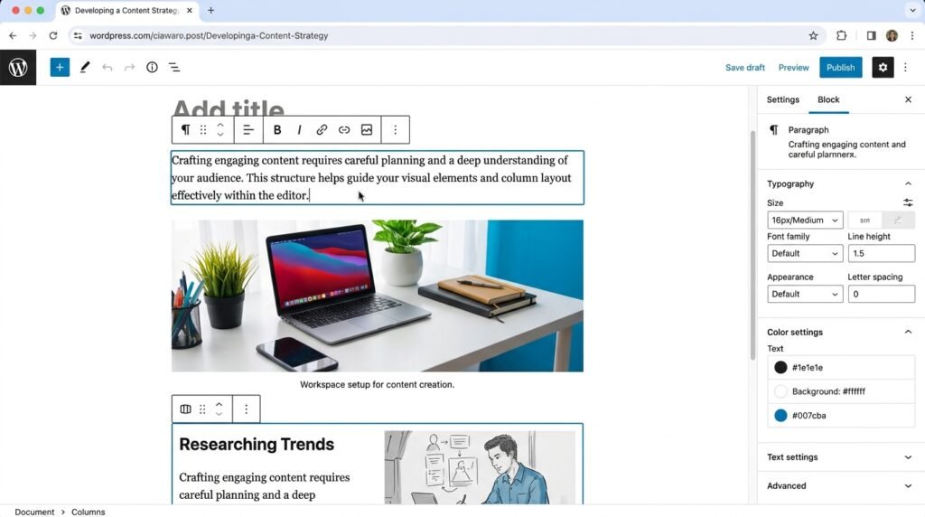WordPress Gutenberg block editor showing paragraph, image, and column blocks with sidebar open