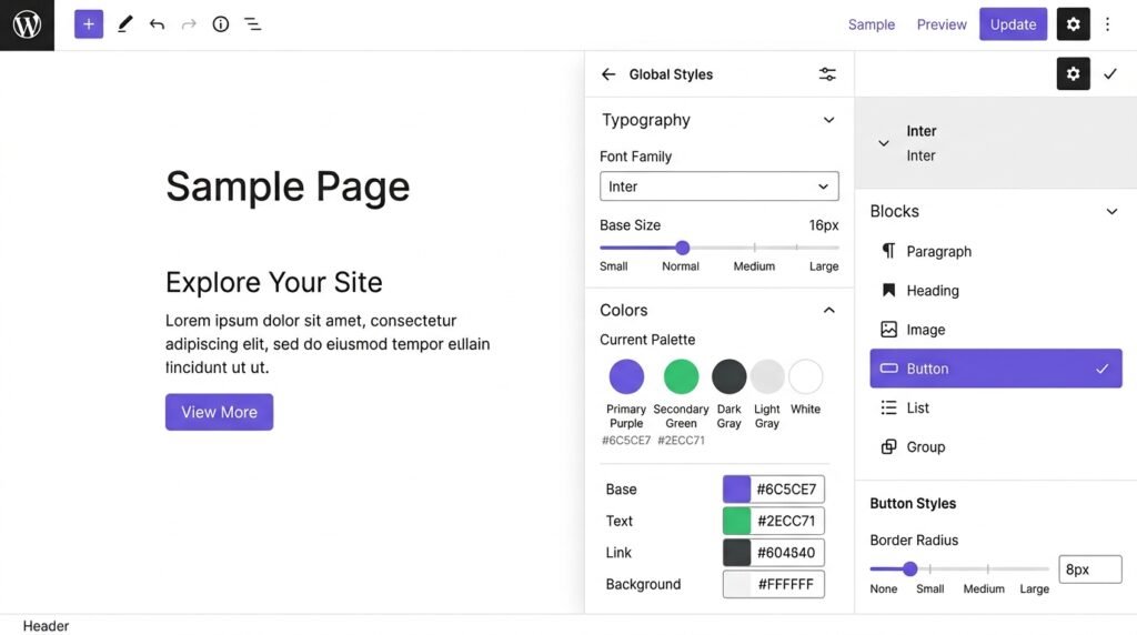WordPress Global Styles panel - typography, colors, layout, and per-block defaults
