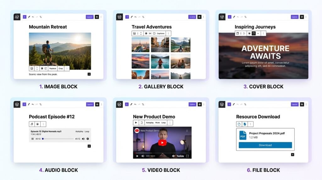 6 Gutenberg media blocks visualized - Image, Gallery, Cover, Audio, Video, File