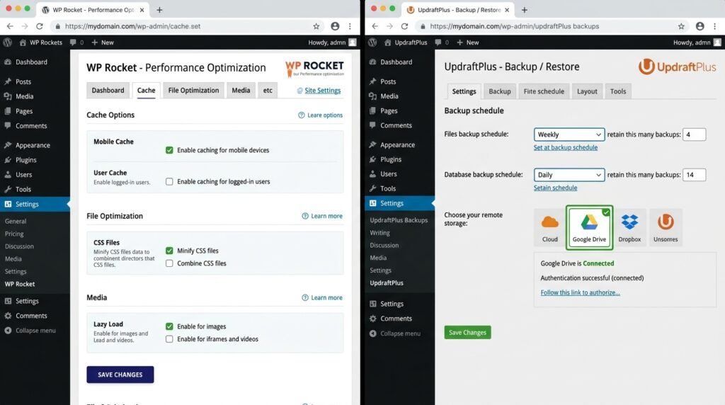 WordPress caching and backup setup - WP Rocket settings and UpdraftPlus schedule