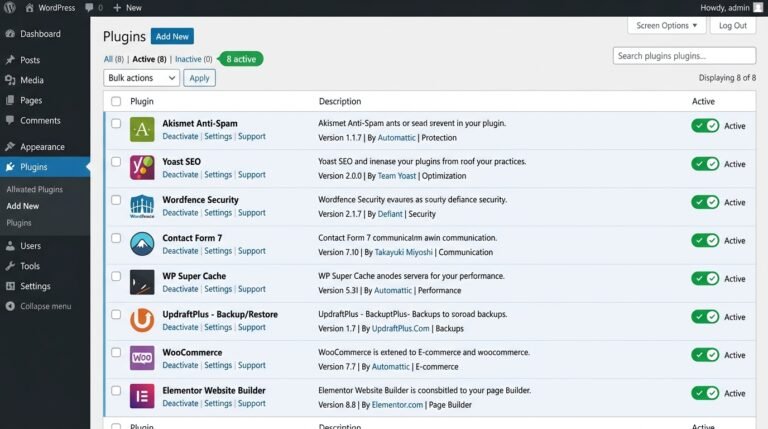 Clean WordPress plugin dashboard - 8 essential plugins without bloat