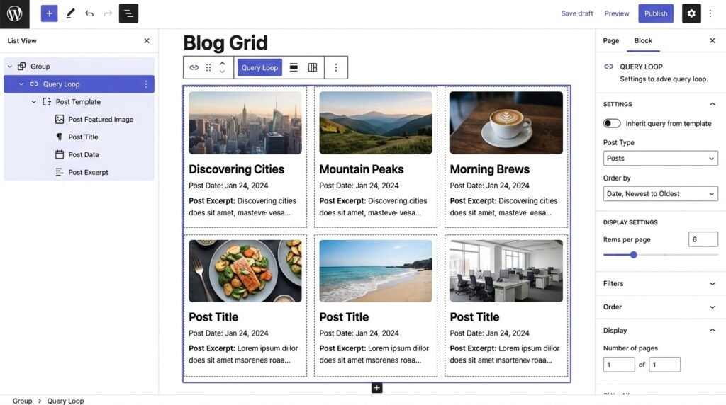 Gutenberg Query Loop block showing a 3-column blog post grid in WordPress editor
