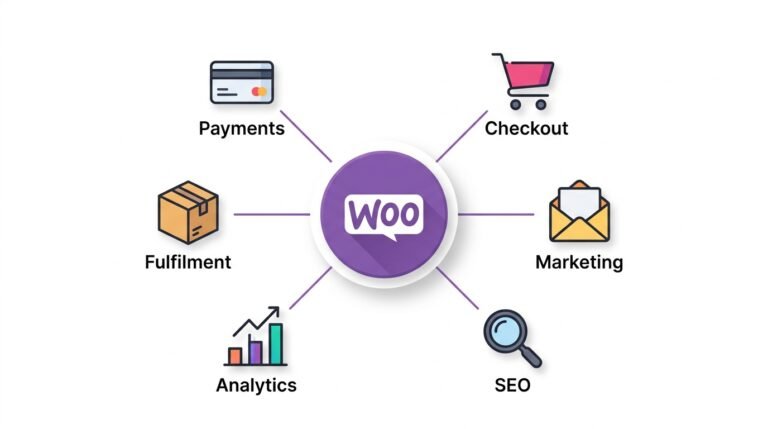 WooCommerce extensions ecosystem - payment, marketing, SEO and fulfilment plugins connected to a central store