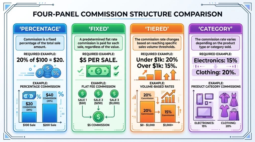 WooCommerce marketplace commission models - percentage, fixed, tiered, category-based
