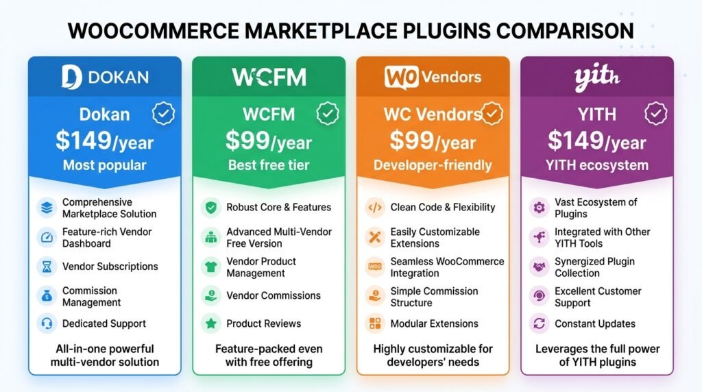 Dokan vs WCFM vs WC Vendors vs YITH comparison - pricing, features, best use cases